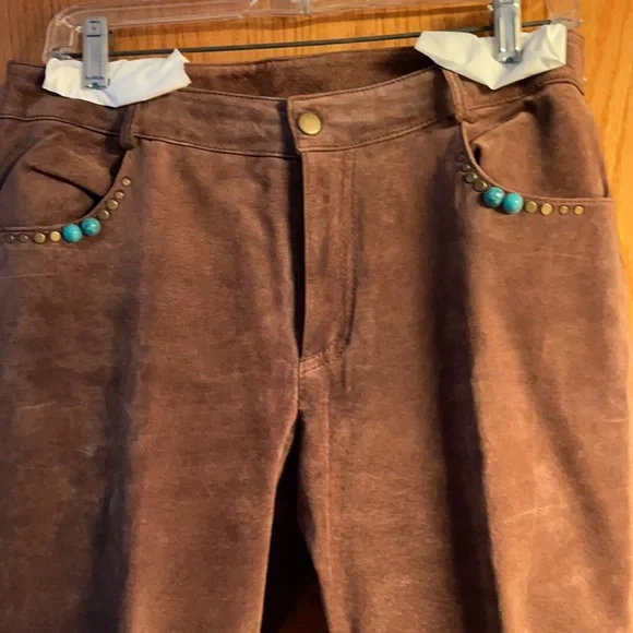 1990s High-waisted Western Suede Pants with Turquoise and Metal Studs - Picture 4 of 10